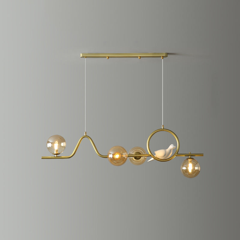 Postmodern Curve Island Ceiling Light Metallic Dining Room Pendant Lamp with Ball Glass Shade