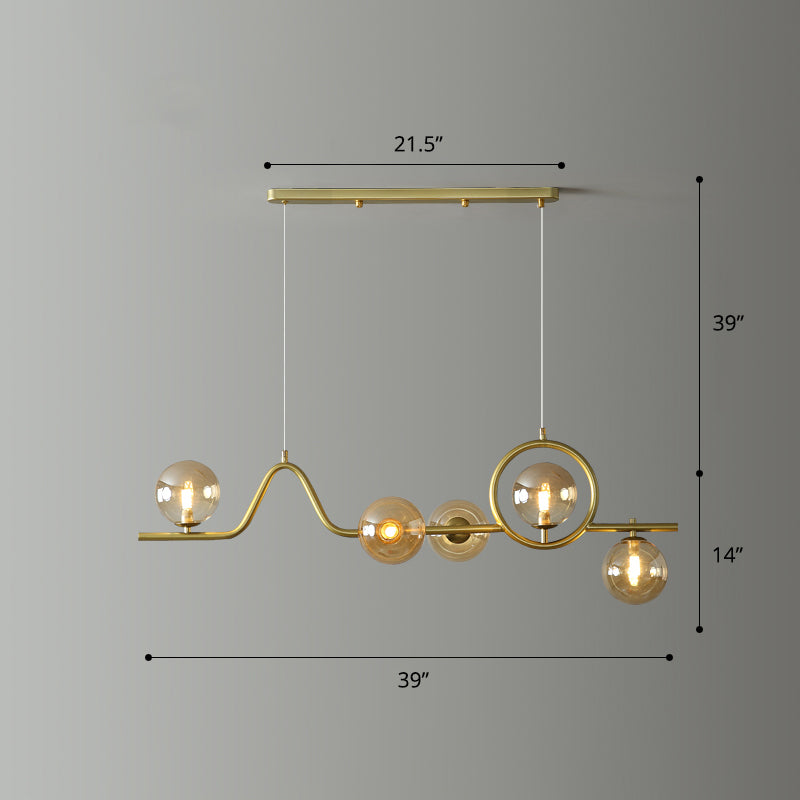 Postmodern Curve Island Ceiling Light Metallic Dining Room Pendant Lamp with Ball Glass Shade