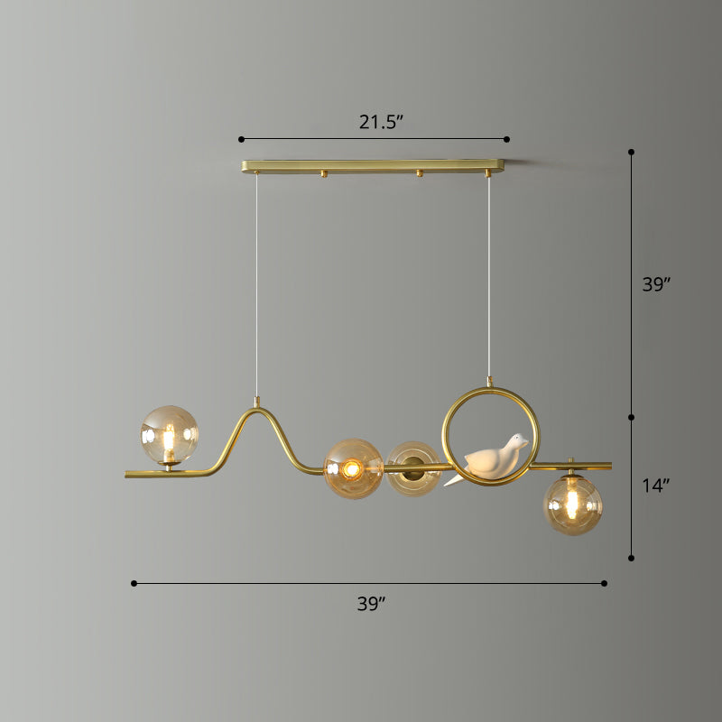 Postmodern Curve Island Ceiling Light Metallic Dining Room Pendant Lamp with Ball Glass Shade