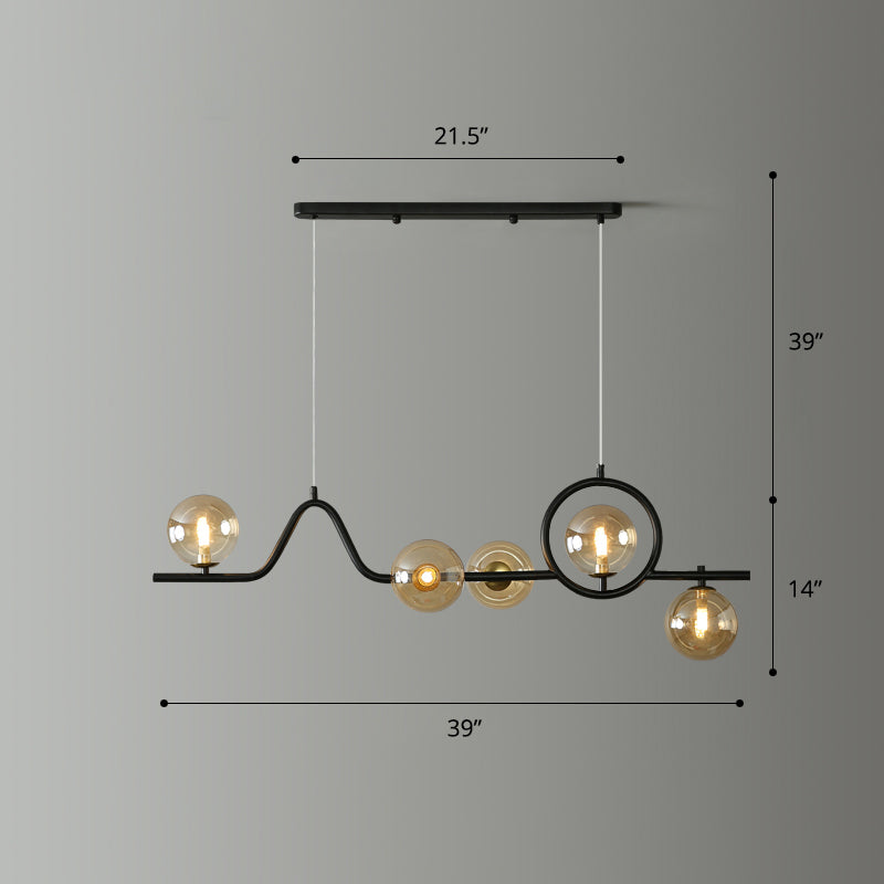 Postmodern Curve Island Ceiling Light Metallic Dining Room Pendant Lamp with Ball Glass Shade