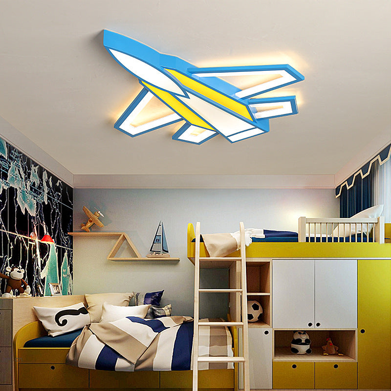 Jet Plane Acrylic Ceiling Flush Mount Light Childrens Blue and Yellow LED Flush Light for Bedroom