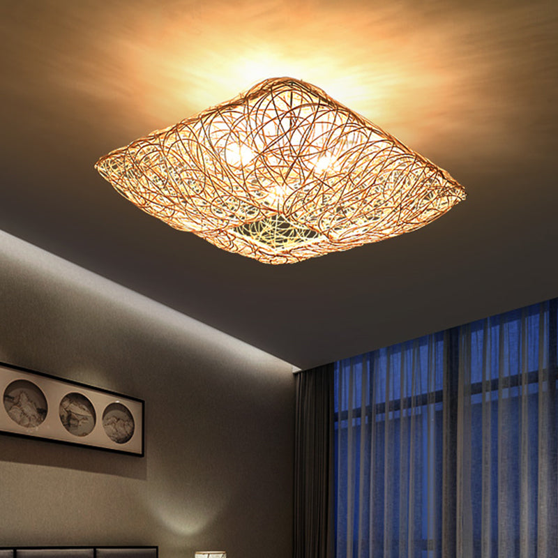 Rattan Square Ceiling Flush Mount Light Minimalist 3-Light Wood Flush Light for Bedroom