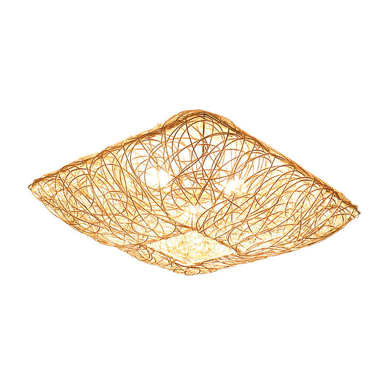 Rattan Square Ceiling Flush Mount Light Minimalist 3-Light Wood Flush Light for Bedroom