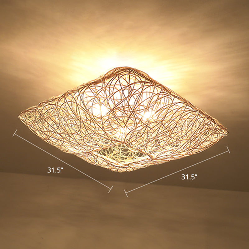 Rattan Square Ceiling Flush Mount Light Minimalist 3-Light Wood Flush Light for Bedroom