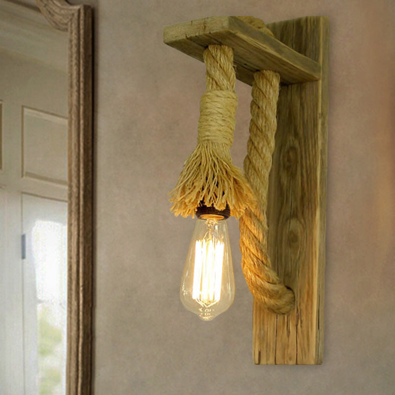 Single-Bulb Wall Lamp Rustic Open Bulb Roped Sconce Light Fixture with Bracket in Wood