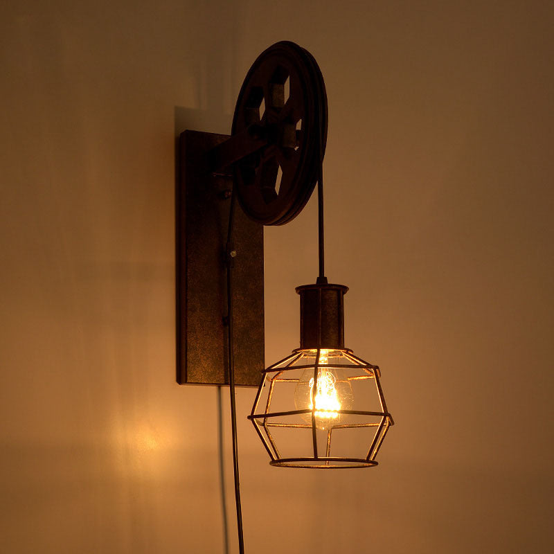 Spherical Wire Cage Foyer Wall Light Rustic Iron 1-Light Bedroom Wall Mount Lamp with Pulley