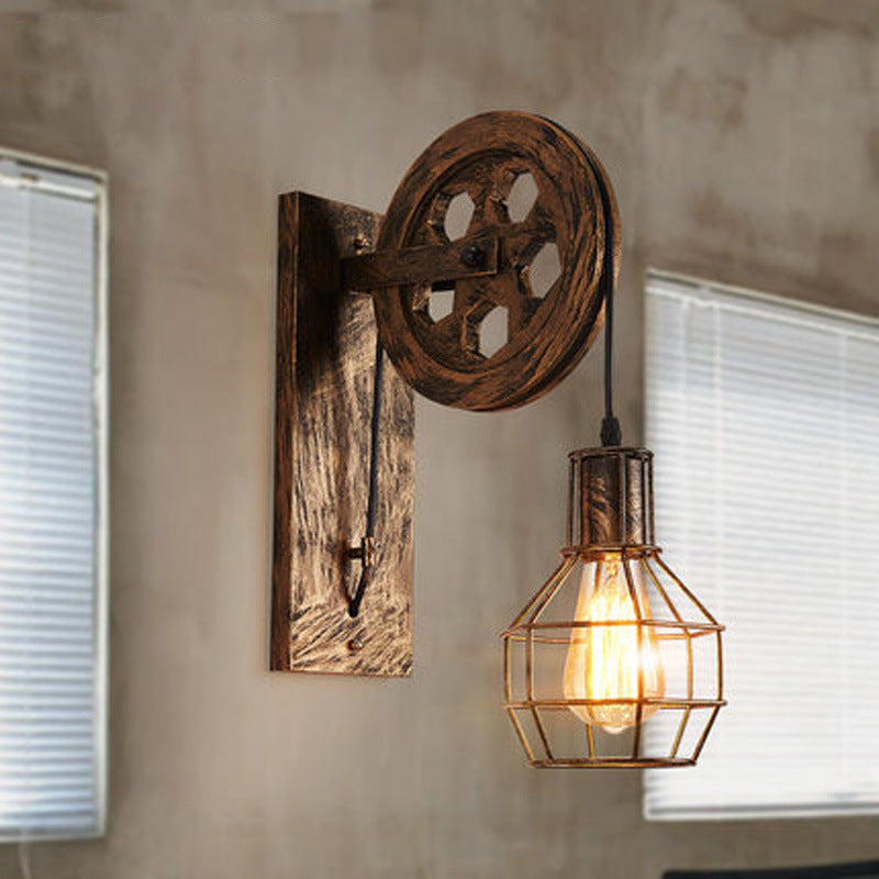 Spherical Wire Cage Foyer Wall Light Rustic Iron 1-Light Bedroom Wall Mount Lamp with Pulley
