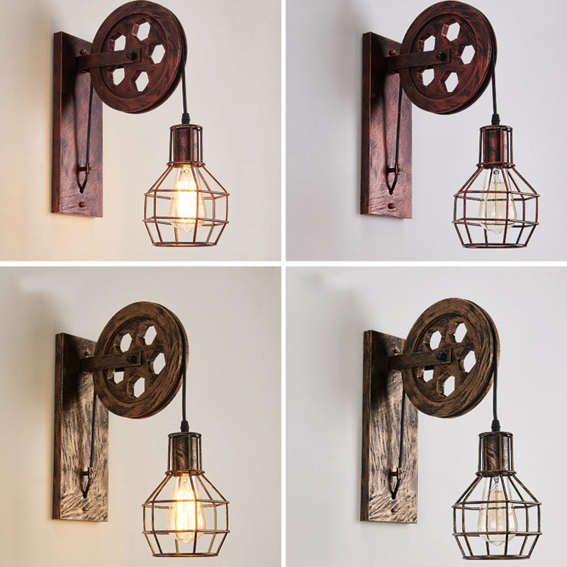 Spherical Wire Cage Foyer Wall Light Rustic Iron 1-Light Bedroom Wall Mount Lamp with Pulley