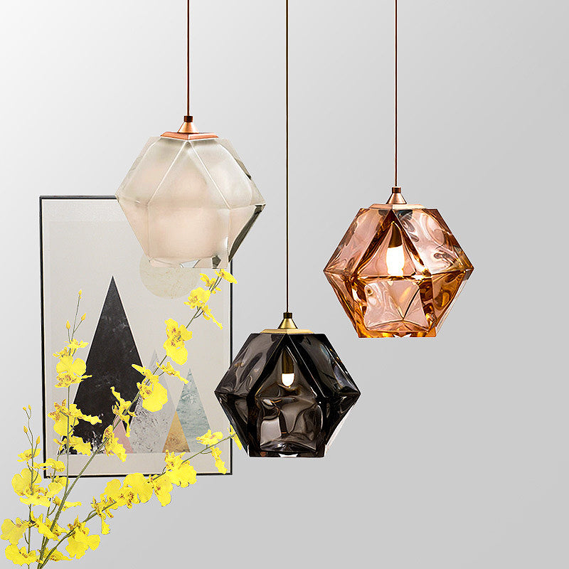Diamond Suspension Pendant Lamp Modern Textured White/Amber/Smoke Glass Dining Room Led Hanging Light Fixture