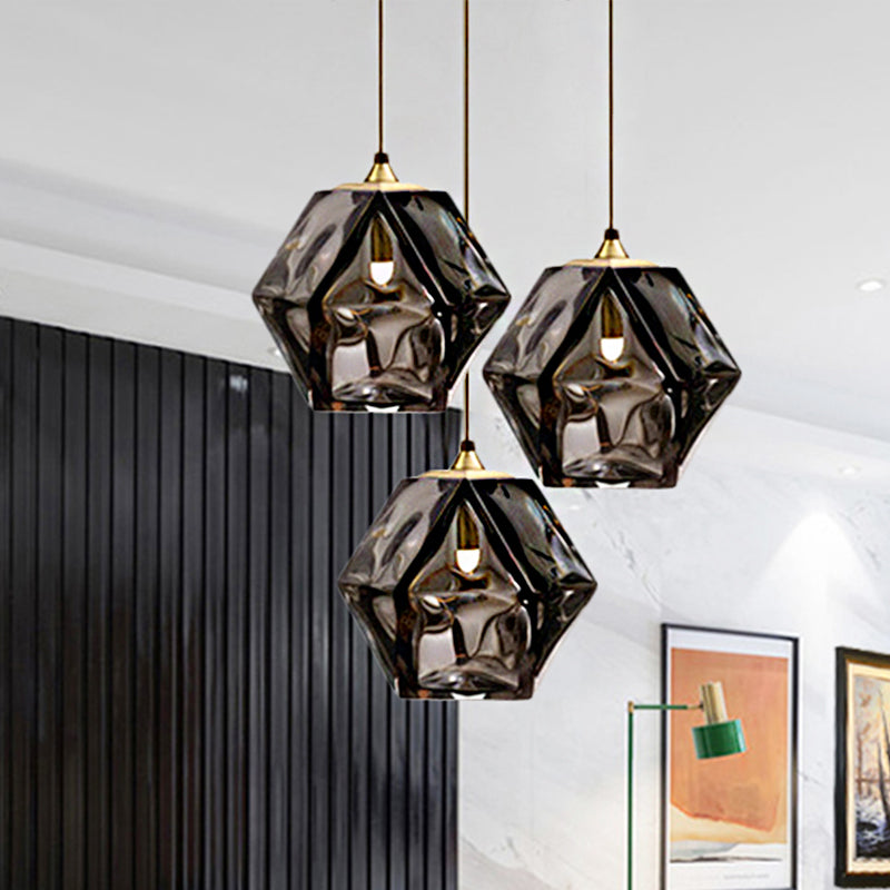Diamond Suspension Pendant Lamp Modern Textured White/Amber/Smoke Glass Dining Room Led Hanging Light Fixture