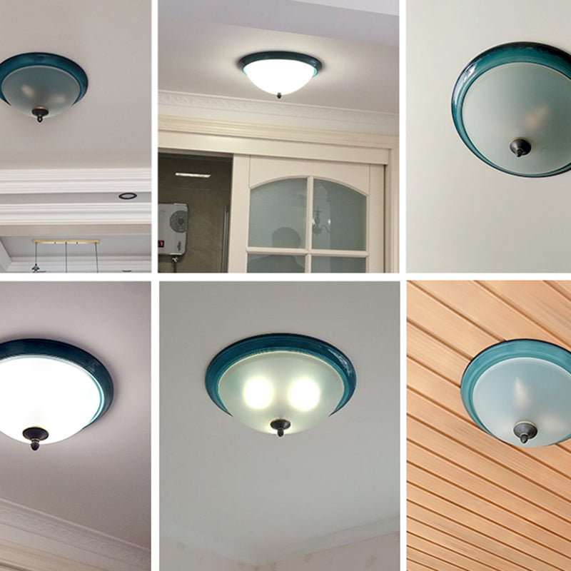 Frosted White Glass Bowl Flush Light Rustic 3-Light Bedroom Ceiling Lamp in Blue