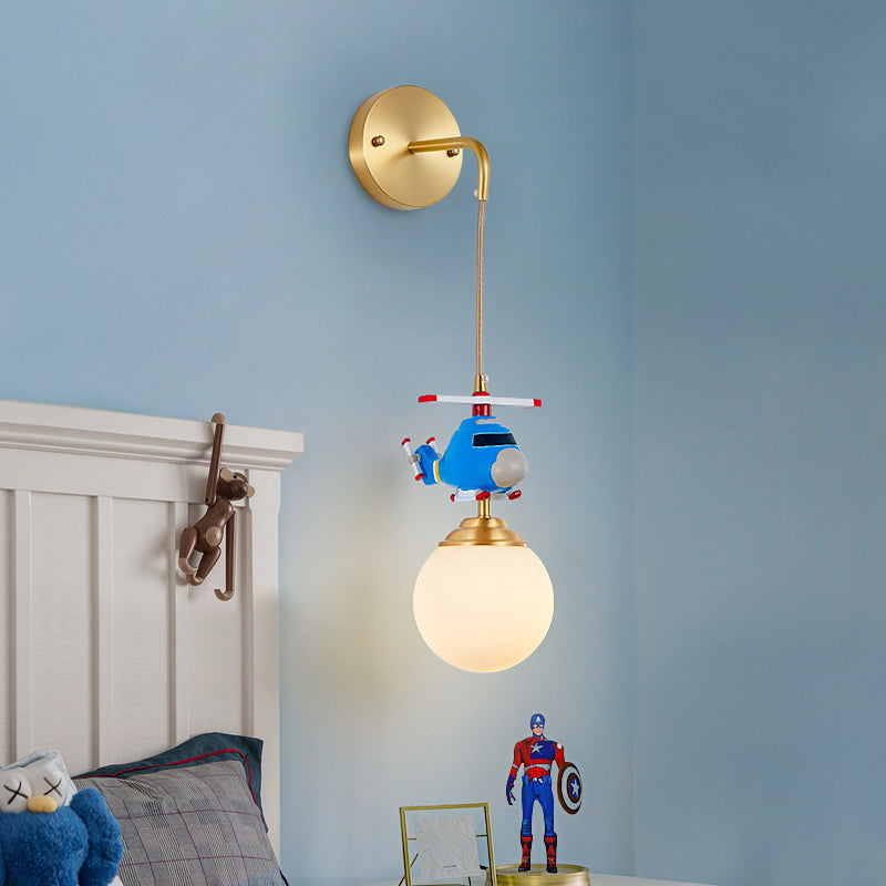 Milk Glass Ball Wall Hanging Light Postmodern 1-Bulb Gold Wall Lamp with Helicopter Deco