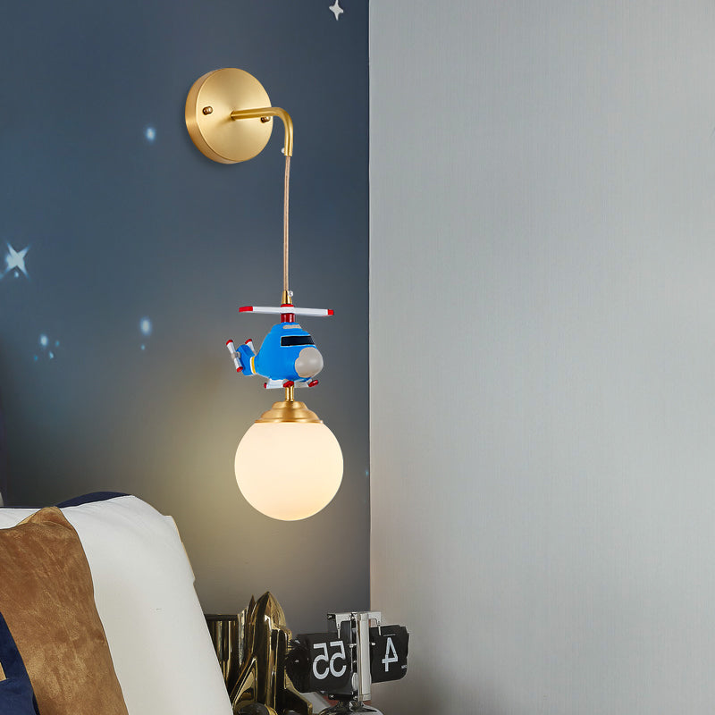 Milk Glass Ball Wall Hanging Light Postmodern 1-Bulb Gold Wall Lamp with Helicopter Deco