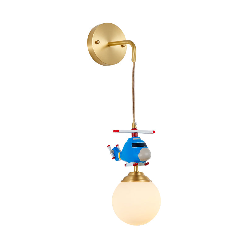 Milk Glass Ball Wall Hanging Light Postmodern 1-Bulb Gold Wall Lamp with Helicopter Deco