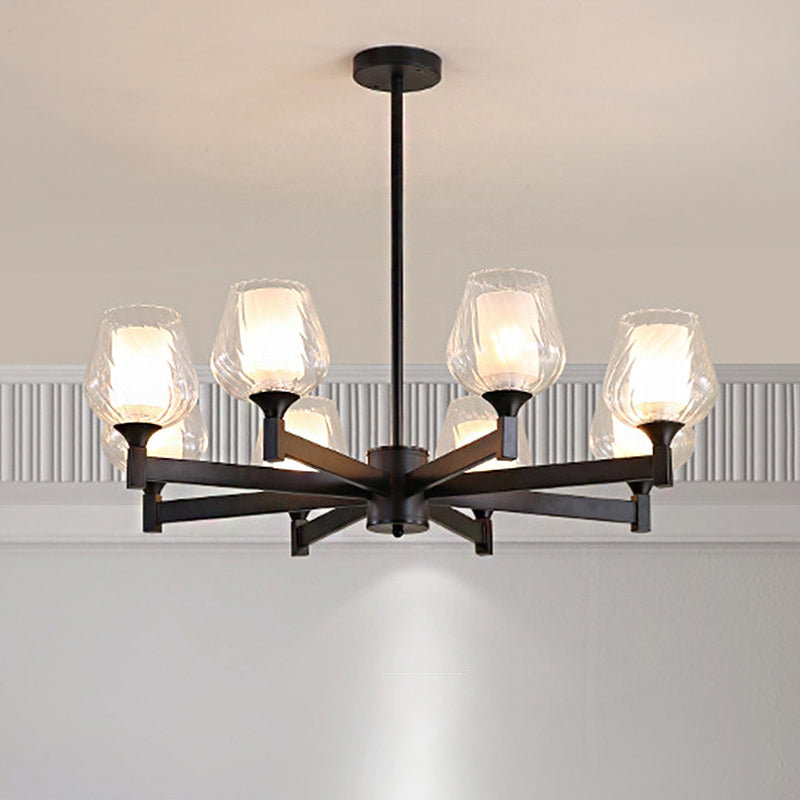 3/6/8 Lights Chandelier Light Cylinder Clear Textured Glass Traditional Dining Room Ceiling Lamp in Black