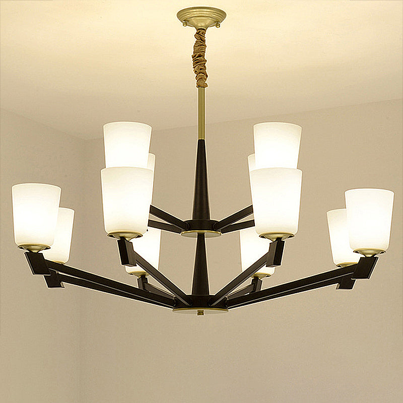 Cone Frosted Glass Light Chandelier Traditional 6/8/12 Lights Living Room Pendant Lighting in Black