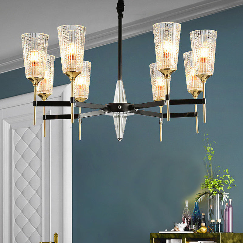 Clear 6/8 Lights Pendant Chandelier Traditional Textured Glass Cone Hanging Light for Living Room
