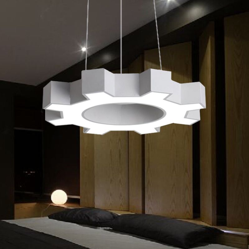 23.5"/31.5" Wide Gear Shape Pendant Lamp Contemporary Metal Led White/Black Hanging Ceiling Light for Gym in White/Warm Light