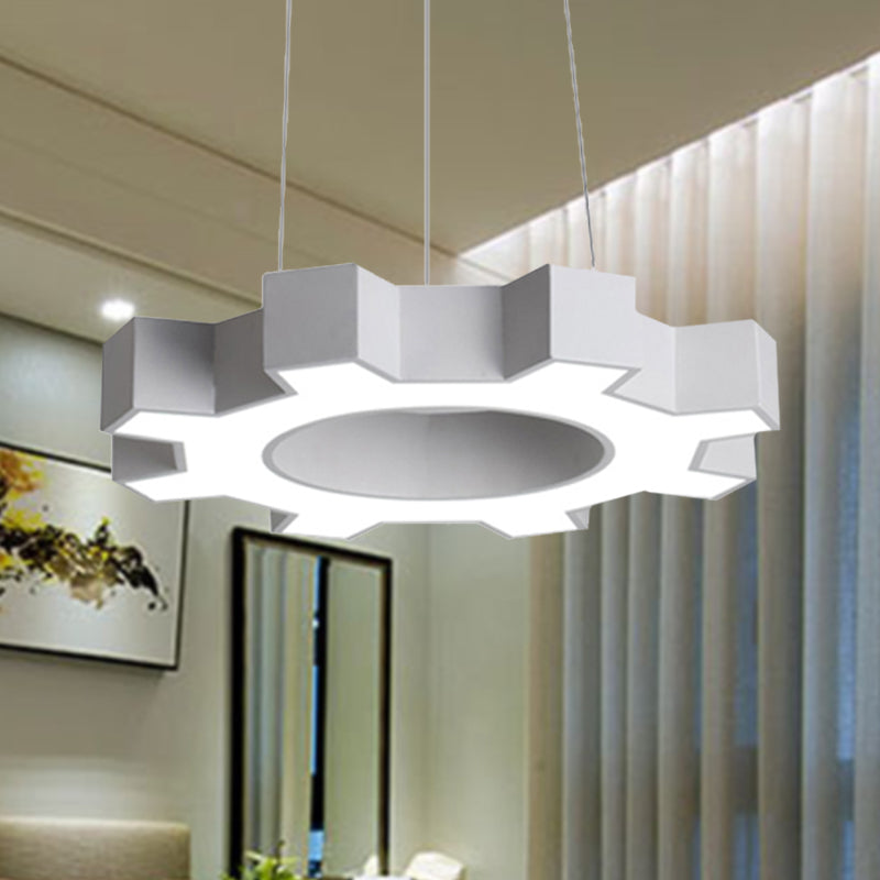 23.5"/31.5" Wide Gear Shape Pendant Lamp Contemporary Metal Led White/Black Hanging Ceiling Light for Gym in White/Warm Light