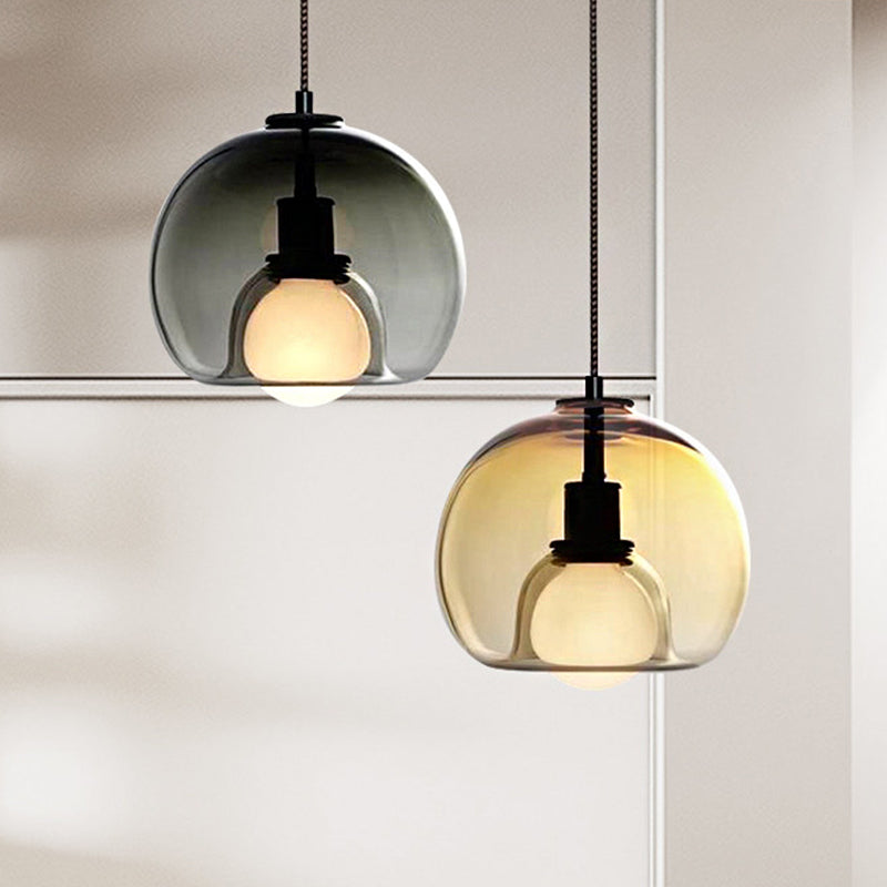 Colgante de suspensión de domo Contemporáneo Amber/Smoke Glass 1 Lámpara de lámpara colgante negra ligera para dormitorio