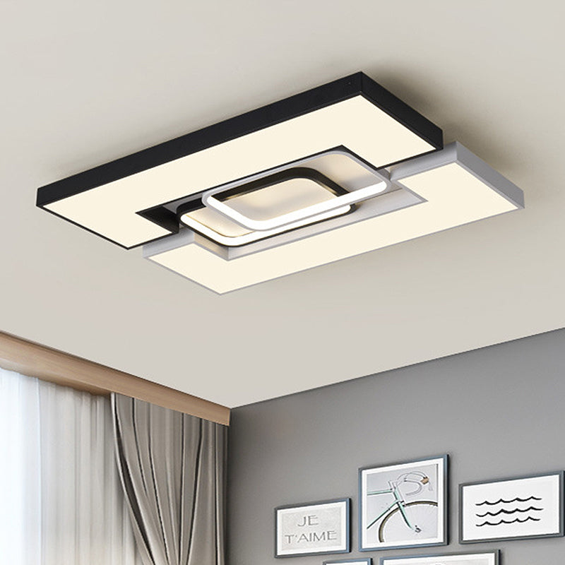 Square/Rectangular Flush Mount Lamp Modern Metal 22"/31.5" Wide Led Black and White Flush Mount Ceiling Fixture with Recessed Diffuser in White/Warm Light