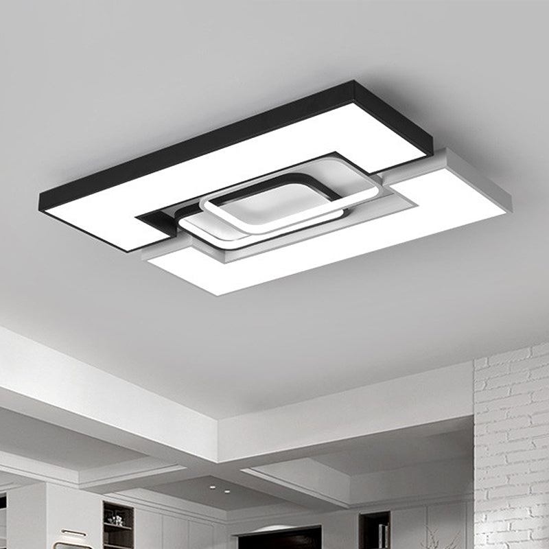 Square/Rectangular Flush Mount Lamp Modern Metal 22"/31.5" Wide Led Black and White Flush Mount Ceiling Fixture with Recessed Diffuser in White/Warm Light