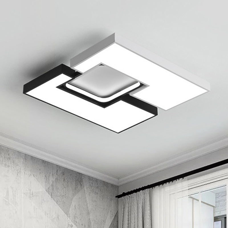 Square/Rectangular Flush Mount Lamp Modern Metal 22"/31.5" Wide Led Black and White Flush Mount Ceiling Fixture with Recessed Diffuser in White/Warm Light