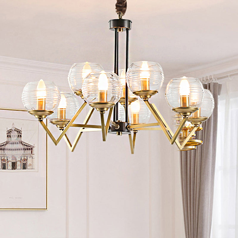 Gold 9/12 Lights Pendant Chandelier Traditional Clear Ribbed Glass Globe Hanging Light for Living Room