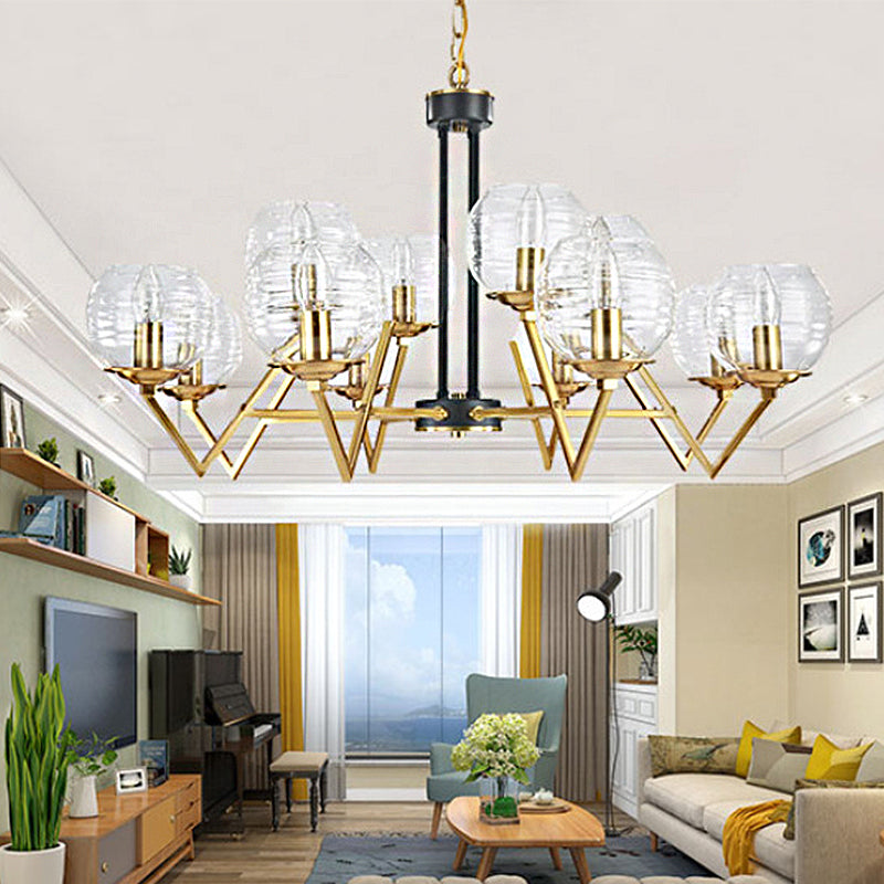 Gold 9/12 Lights Pendant Chandelier Traditional Clear Ribbed Glass Globe Hanging Light for Living Room