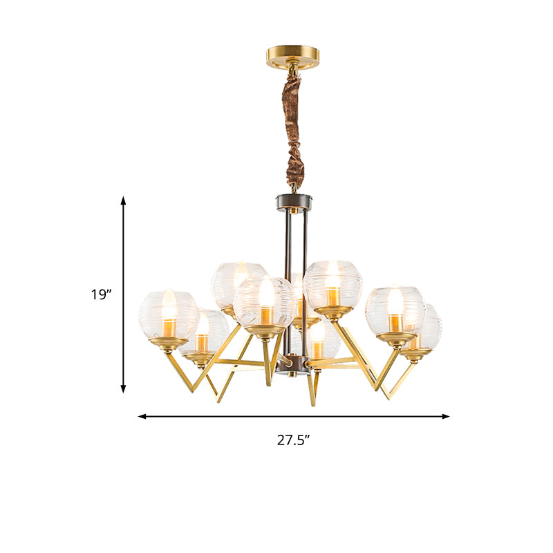 Gold 9/12 Lights Pendant Chandelier Traditional Clear Ribbed Glass Globe Hanging Light for Living Room