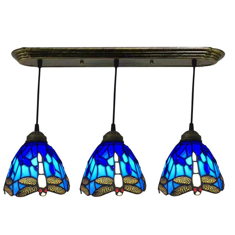 Cut Glass Drop Lamp Dome 3 Bulbs Mediterranean Pendant Lighting Fixture with Dragonfly Pattern
