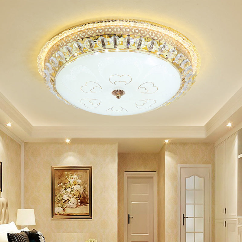 16"/19.5" W Round Flush Mount Light Bedroom Opal Glass LED Modern Flush Ceiling Light with Crystal Accent in Gold