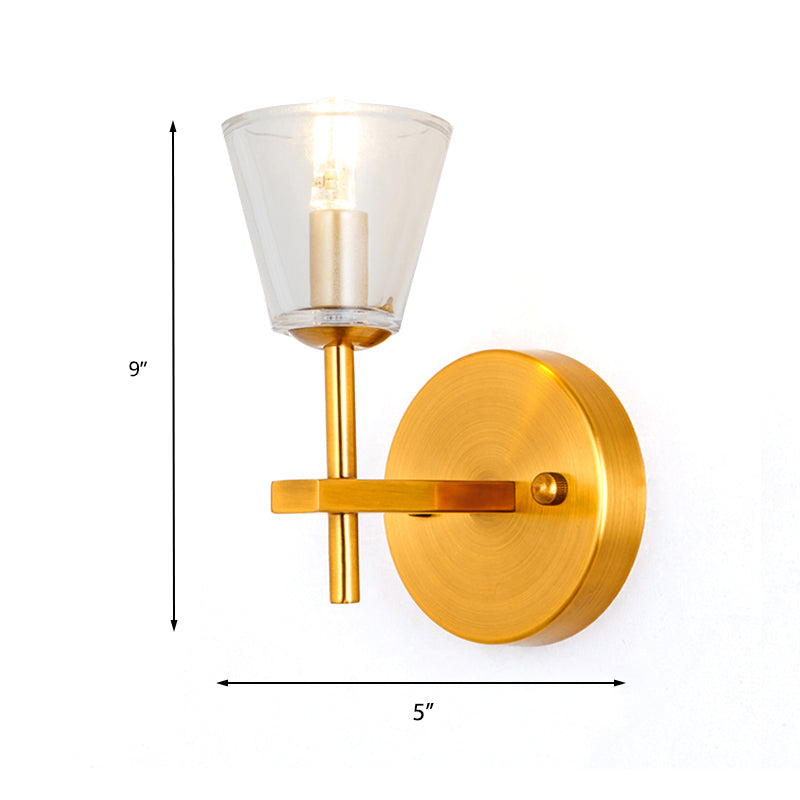 1/2-Light Clear Glass Wall Light Modern Style Gold Cone Bedroom Wall Sconce with Clean-Lined Arm