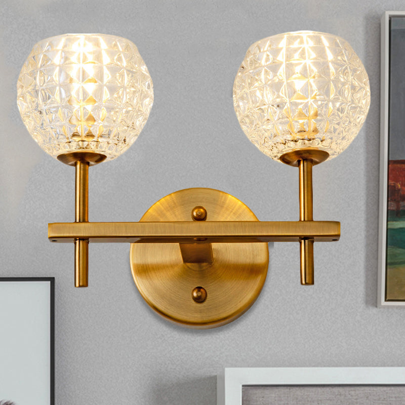 1/2-Light Wall Sconce Modern Orb Clear Grid Glass Sconce Light with Clean-Lined Arm in Gold for Hallway