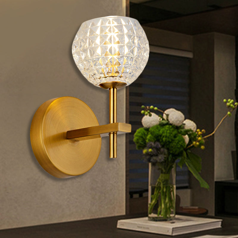 1/2-Light Wall Sconce Modern Orb Clear Grid Glass Sconce Light with Clean-Lined Arm in Gold for Hallway