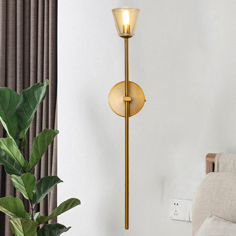 1-Light Wall Lamp Simple Globe/Cone Clear Grid Glass Sconce Light with Clean-Lined Arm in Gold for Hallway