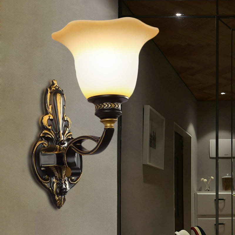 Black Blossom Wall Mounted Light Traditional White Glass Shade 1/2-Light Bedroom Wall Sconce with Metal Curvy Arm