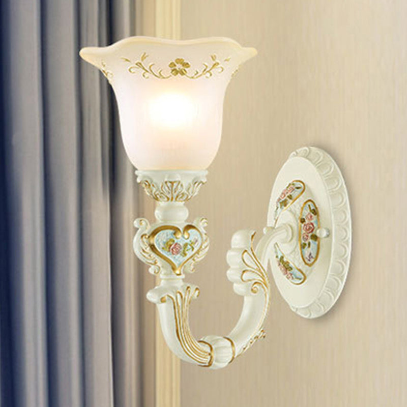 1-Light Wall Mount Lamp Retro Flower Frosted Glass Sconce Light with Carved Arm in White for Porch