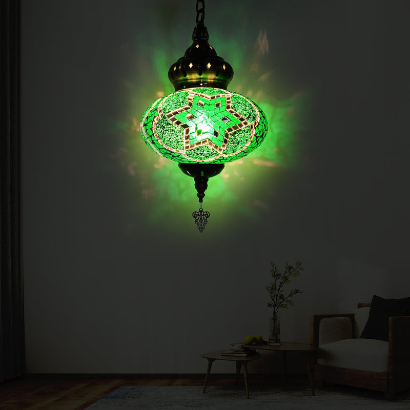 1/4 Bulbs Globe Ceiling Light Traditional Red/Orange/Blue Glass Pendant Lighting Fixture for Living Room