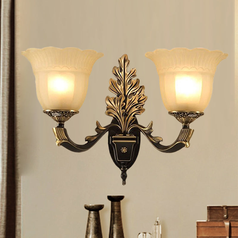 1/2-Light Wall Sconce Traditional Blossom Frosted Glass Sconce Light with Curvy Arm in Black for Hallway