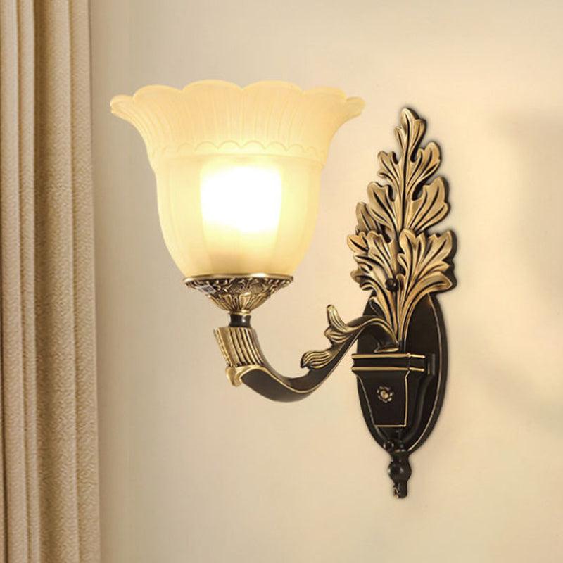 1/2-Light Wall Sconce Traditional Blossom Frosted Glass Sconce Light with Curvy Arm in Black for Hallway
