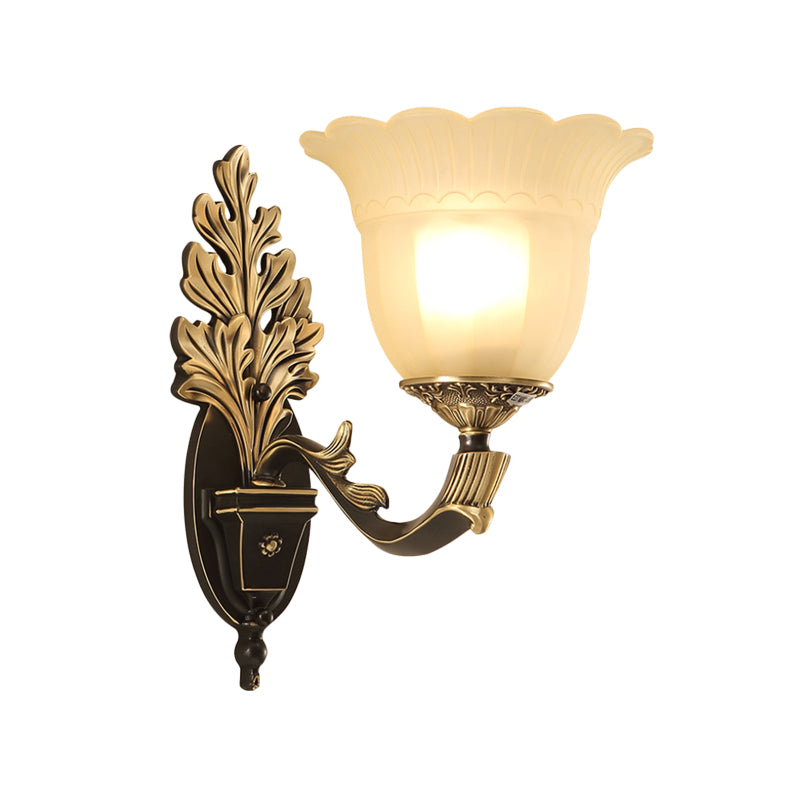 1/2-Light Wall Sconce Traditional Blossom Frosted Glass Sconce Light with Curvy Arm in Black for Hallway