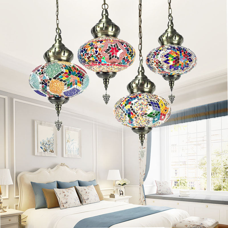 Colorful Glass Global Pendant Lighting Traditionary 1/4 Heads Ceiling Light Fixture in Chrome for Bedroom