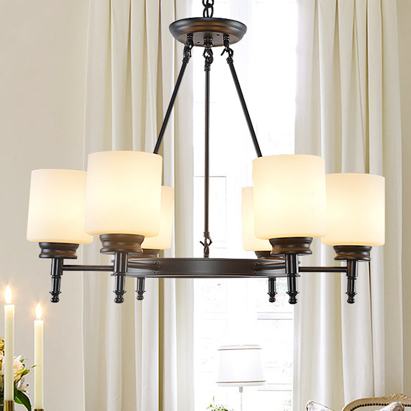 3/6 Lights Frosted Glass Chandelier Traditional Black Wheel Dining Room Hanging Ceiling Fixture with Cylinder Shade