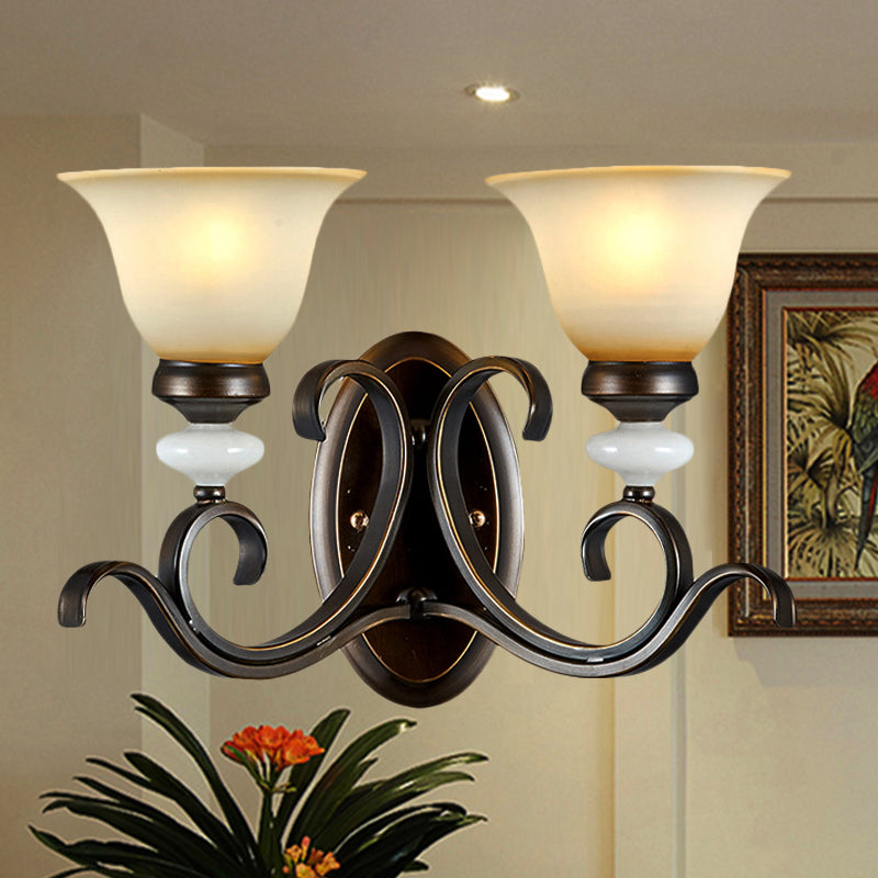 1/2-Light Bell Wall Light Antique Style Black Frosted Glass Wall Sconce with Curvy Arm for Bedroom