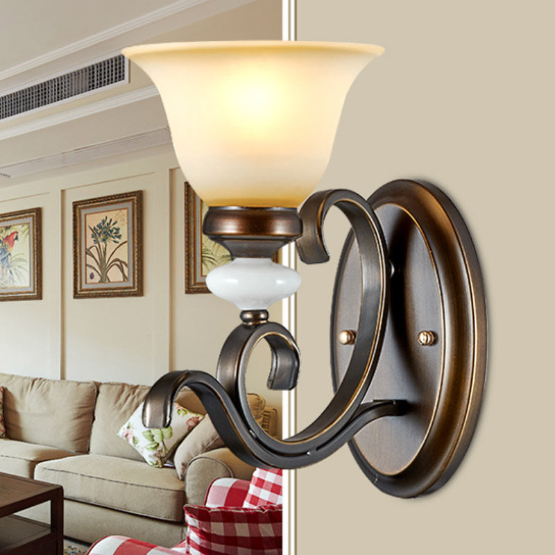 1/2-Light Bell Wall Light Antique Style Black Frosted Glass Wall Sconce with Curvy Arm for Bedroom