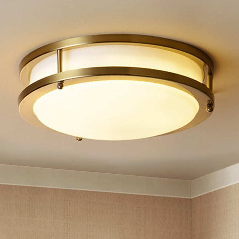 Black/Brass LED Ceiling Mount Traditional White Glass Drum Flush Light Fixture for Corridor in Warm/White Light, 12"/16" W