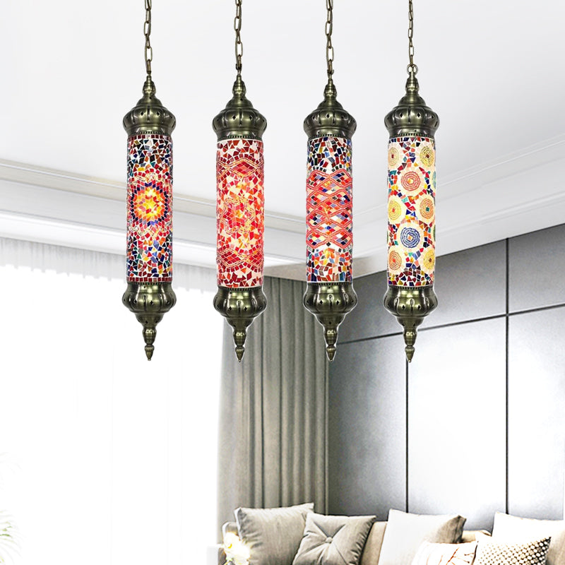 Bronze Tube Ceiling Light Retro Colorful Glass 1/4 Heads Pendant Lighting Fixture for Living Room
