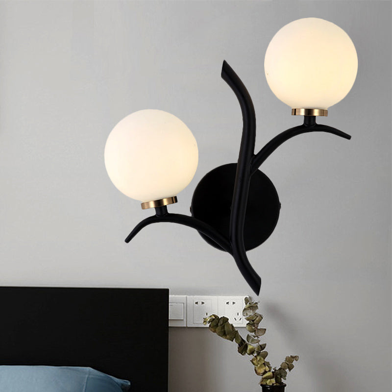 2 Bulbs White Glass Wall Sconce Modern Gold/Black Globe Dining Room Sconce Light with Branch-Shaped Arm