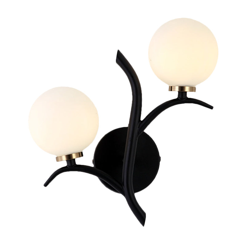 2 Bulbs White Glass Wall Sconce Modern Gold/Black Globe Dining Room Sconce Light with Branch-Shaped Arm